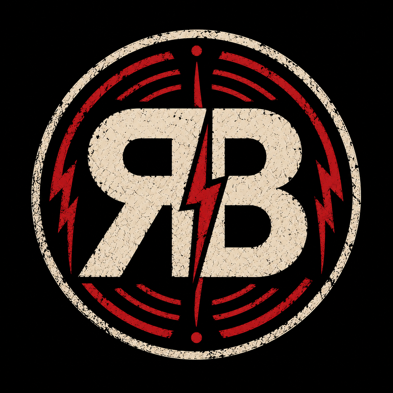 Grunge circular emblem with red lightning arcs and central white letters R and B on black background.