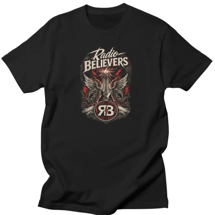 Black t-shirt featuring “Radio Believers” graphic with wings, speakers, and red lightning accents.