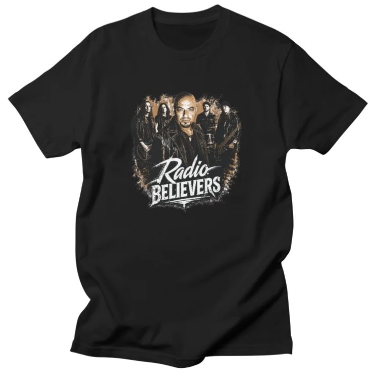 Black T-shirt featuring a band graphic with “Radio Believers” text and multiple faces.