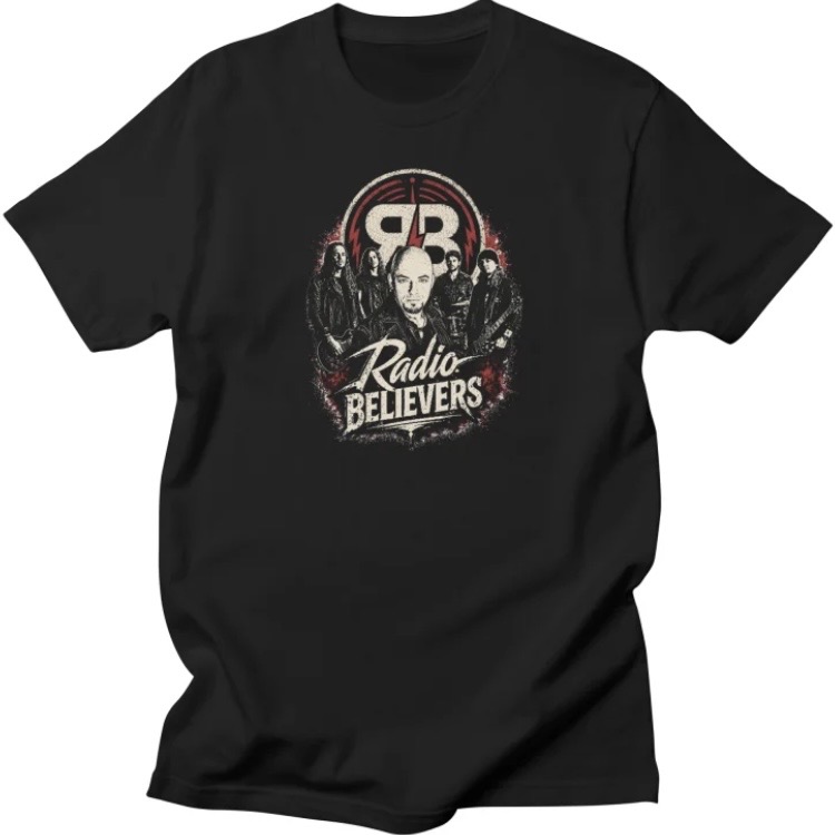 Black T-shirt featuring a “Radio Believers” graphic with a central man and surrounding band silhouettes.