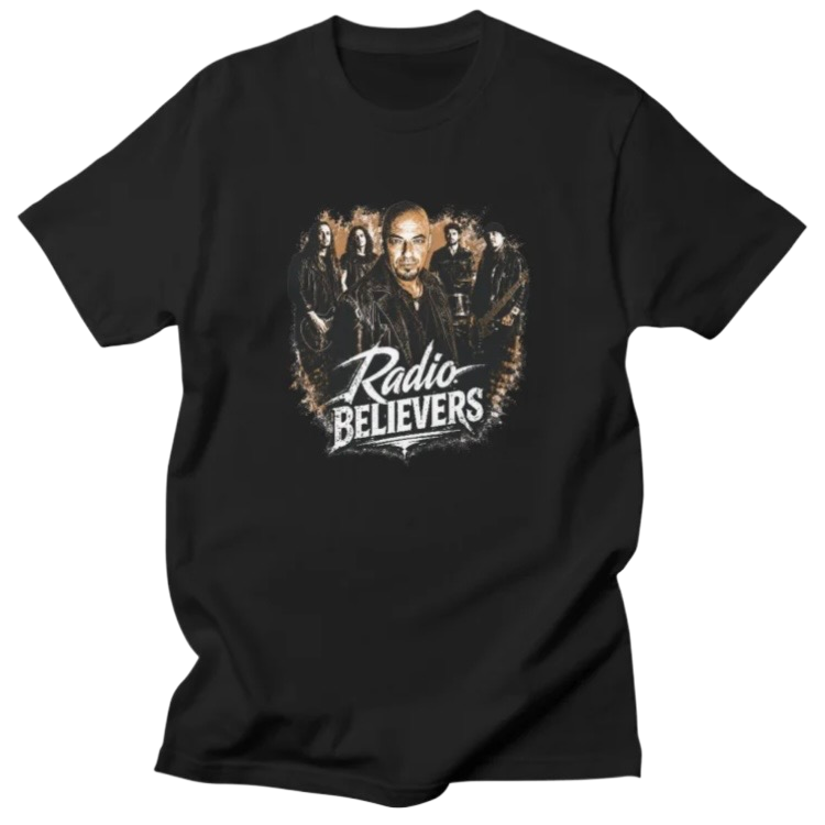 Black T-shirt with “Radio Believers” graphic featuring a central man and band members.