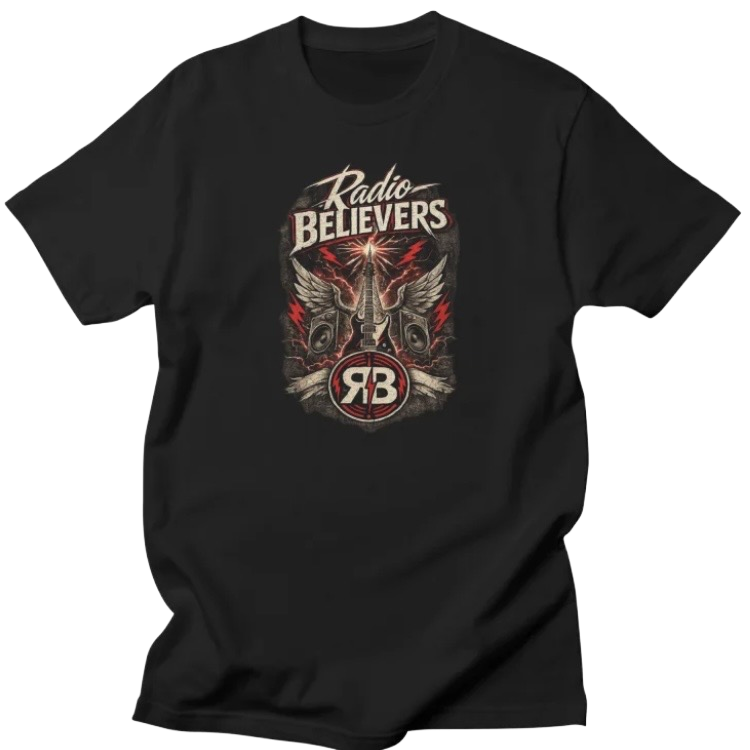 Black T-shirt featuring “Radio Believers” graphic with wings, speakers, and red accents.
